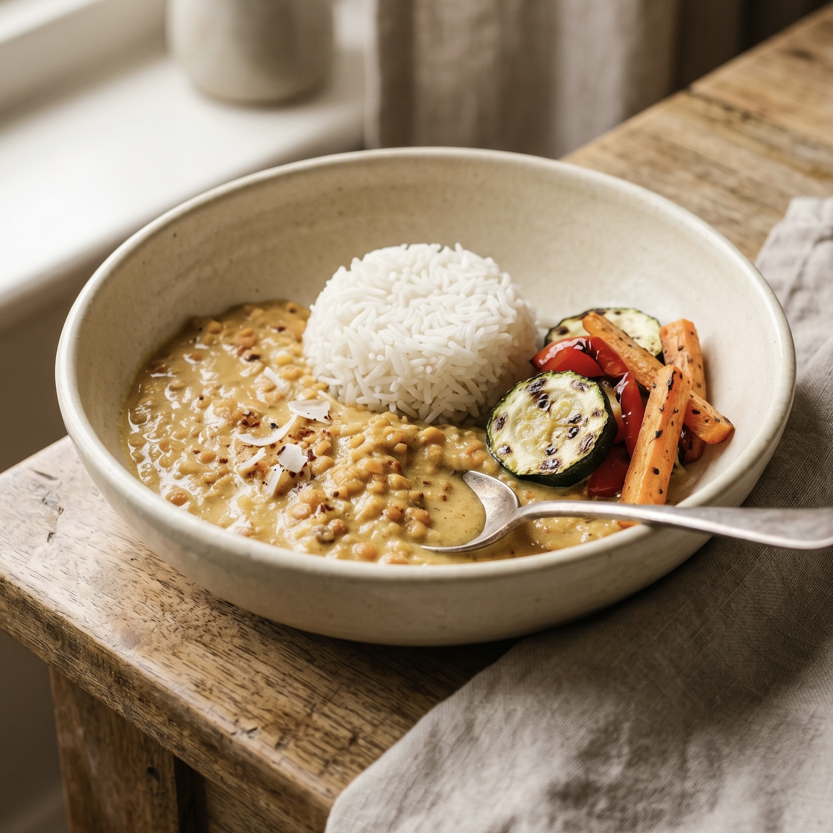 Coconut Lentil Stew, Steamed White Rice, Grilled Vegetables