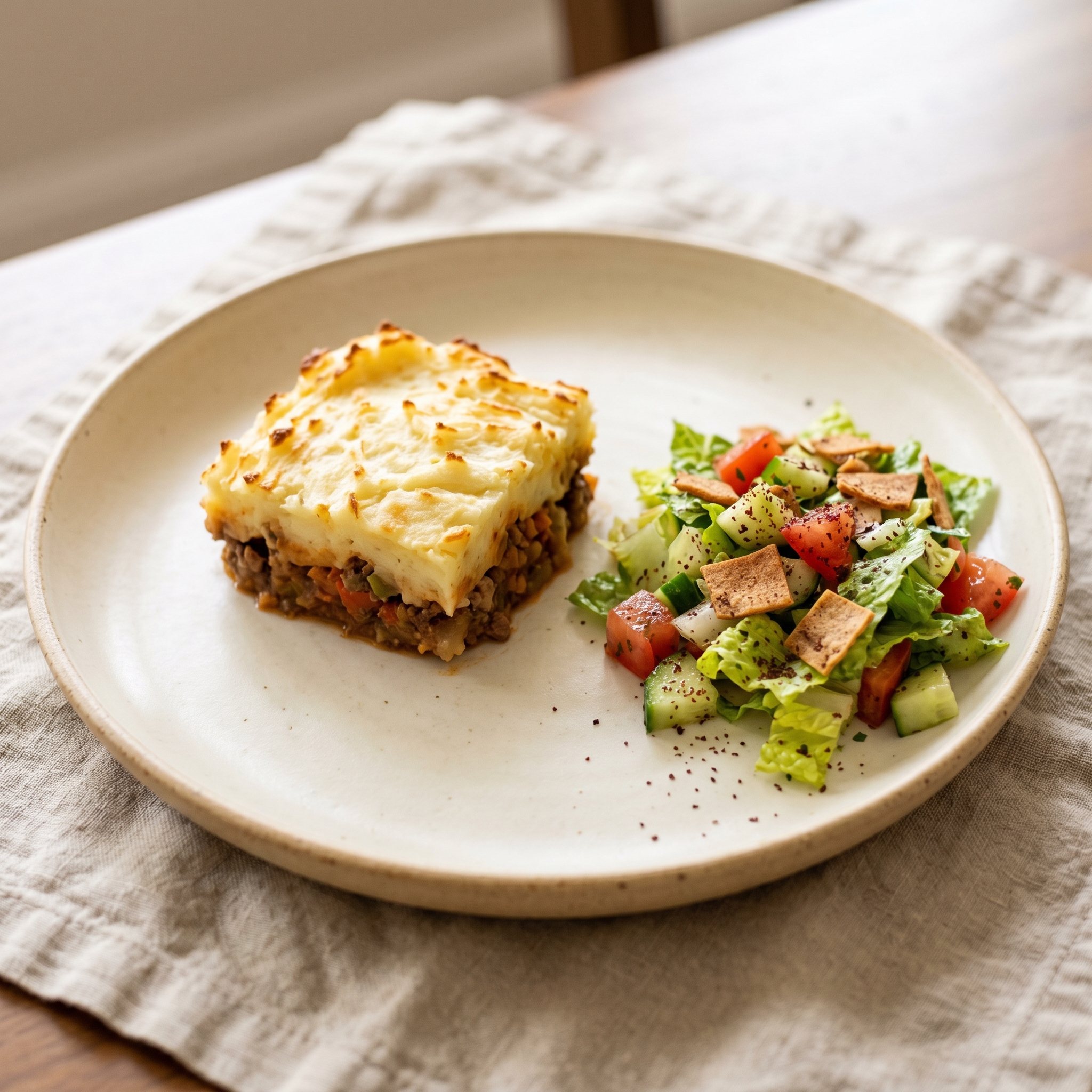 Beef Shepherd's Pie with Fattoush Salad (No Bread)