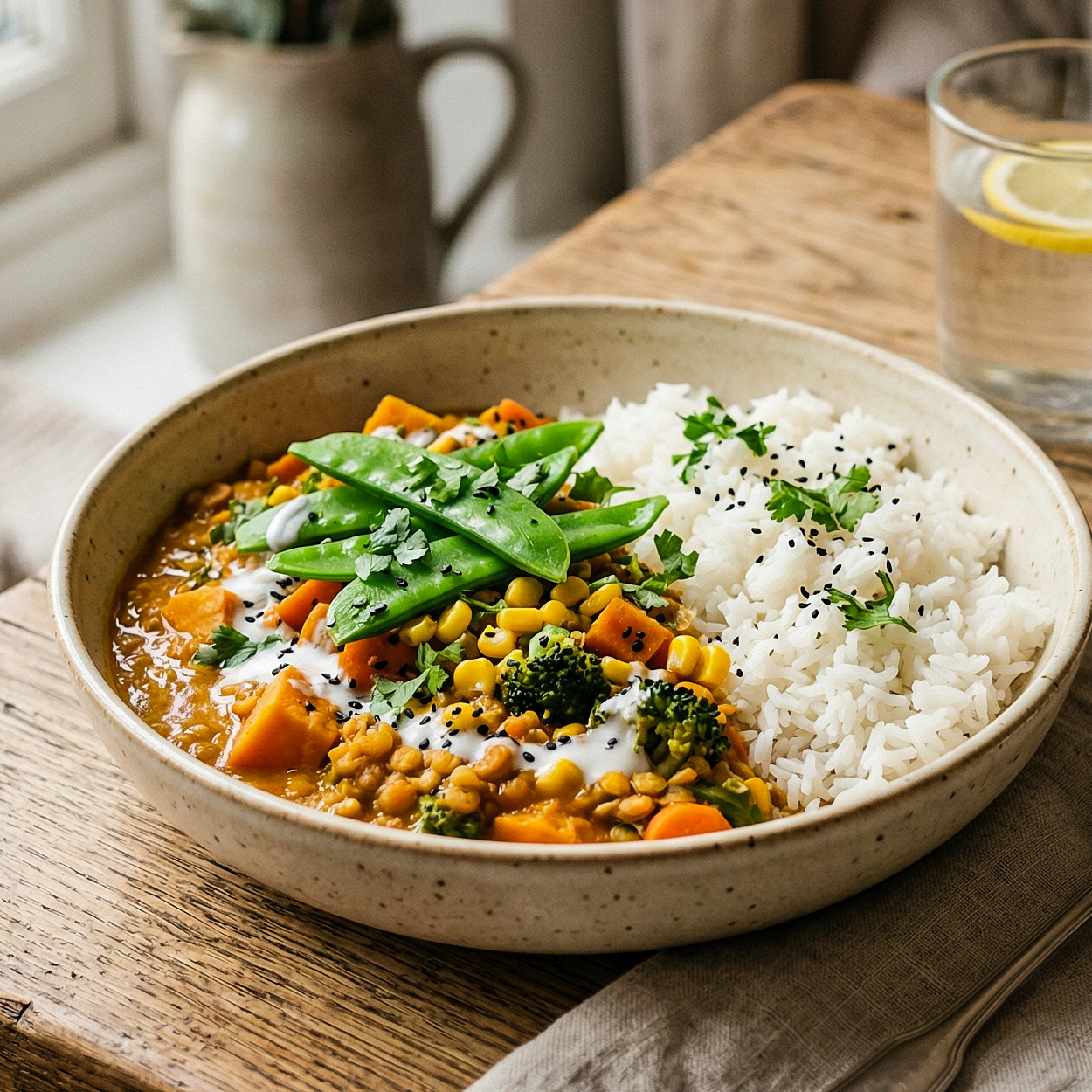 Lentil and Vegetable Curry with White Rice, Snow peas and Corn