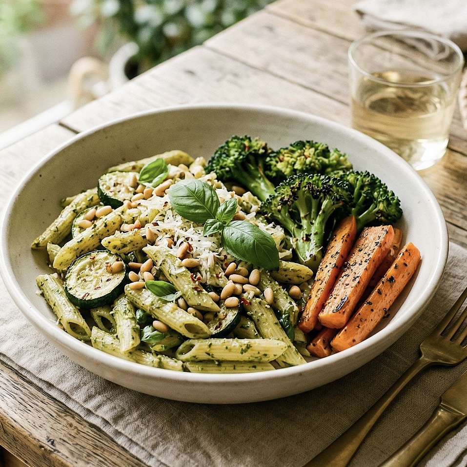 Zucchini, Pine Nuts and Pesto Pasta, Grilled Broccoli and Carrot
