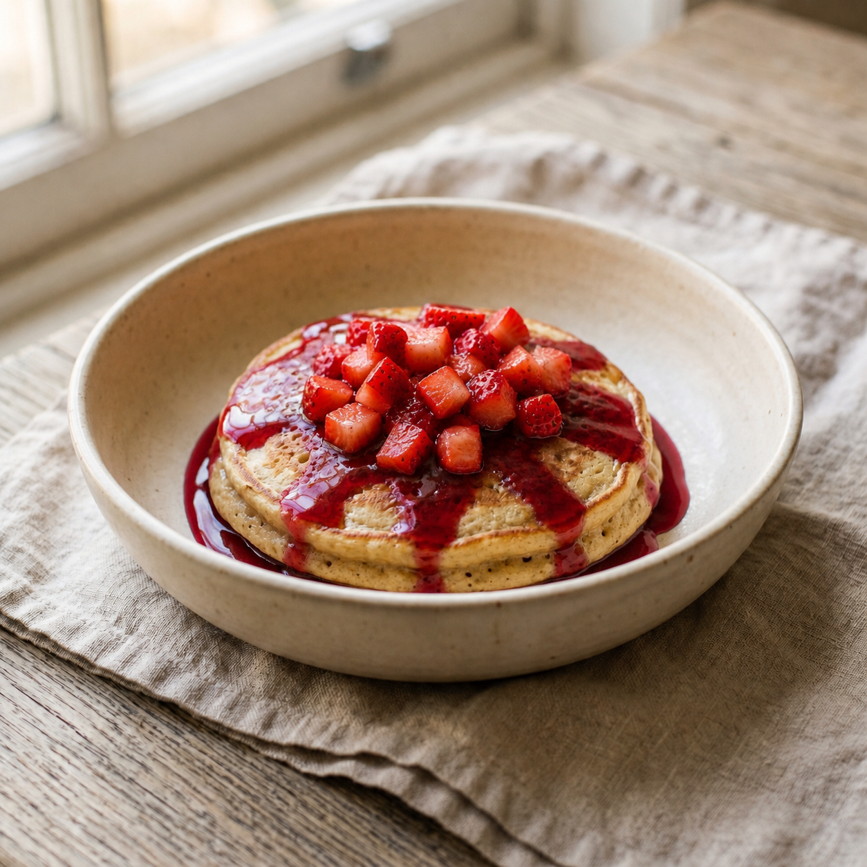 Almond Pancakes with Berry Coulis and Fresh Strawberry