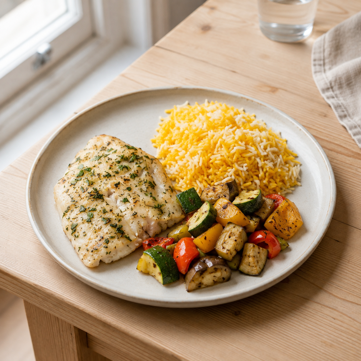 Persian Herb Fish Fillet with Saffron Rice and Grilled Vegetables
