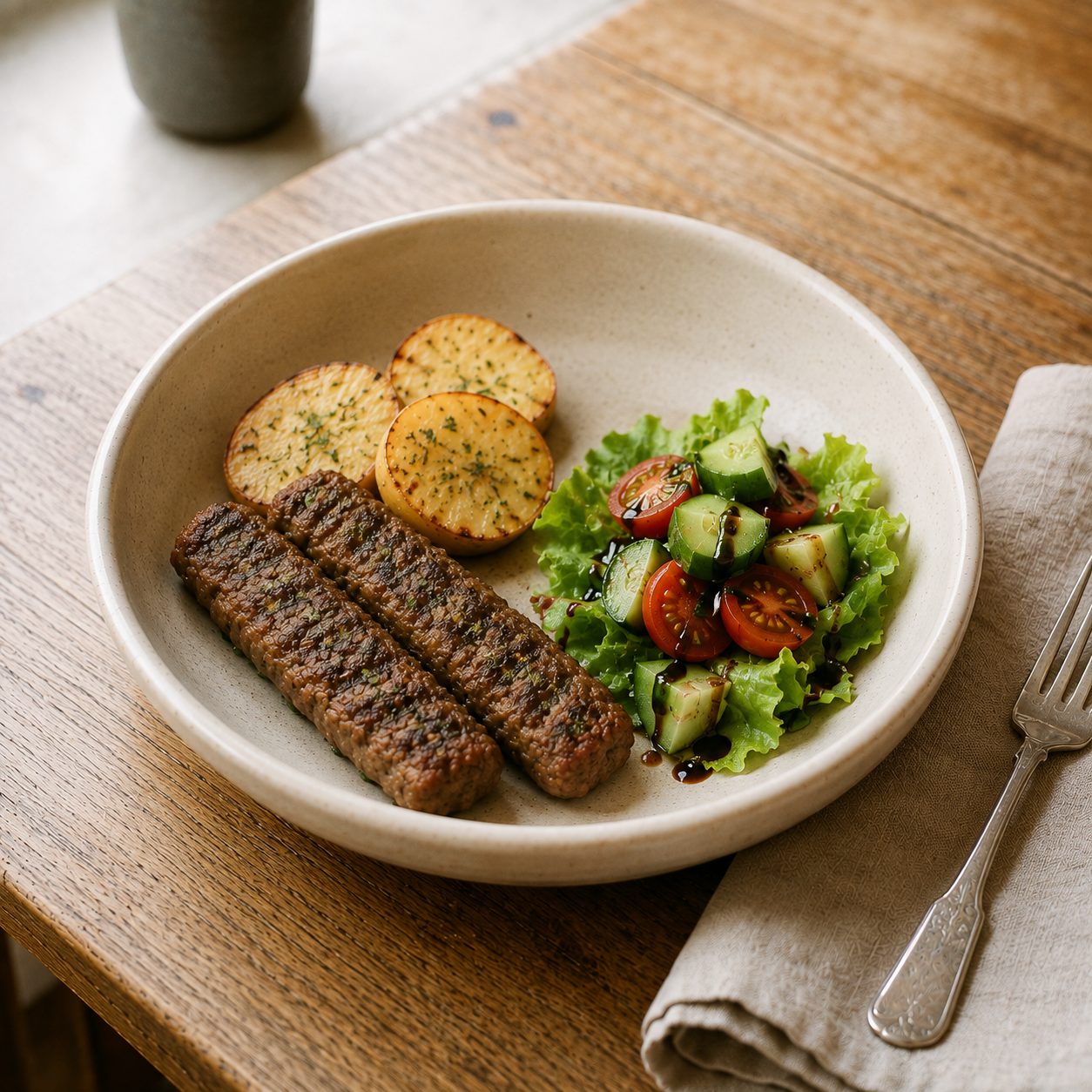 Beef Kofta with Sliced Potato and Green Salad