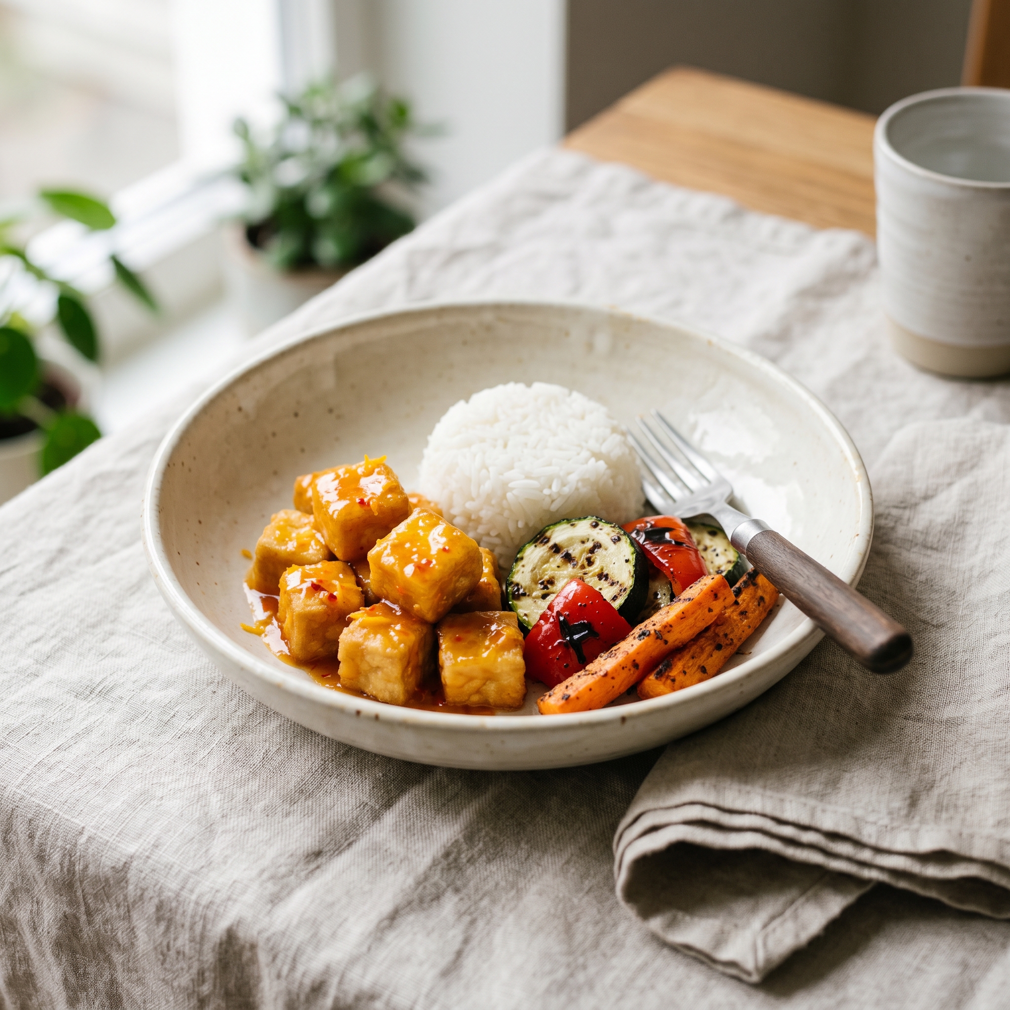 Orange Tofu, Steamed White Rice and Grilled Mixed Vegetables