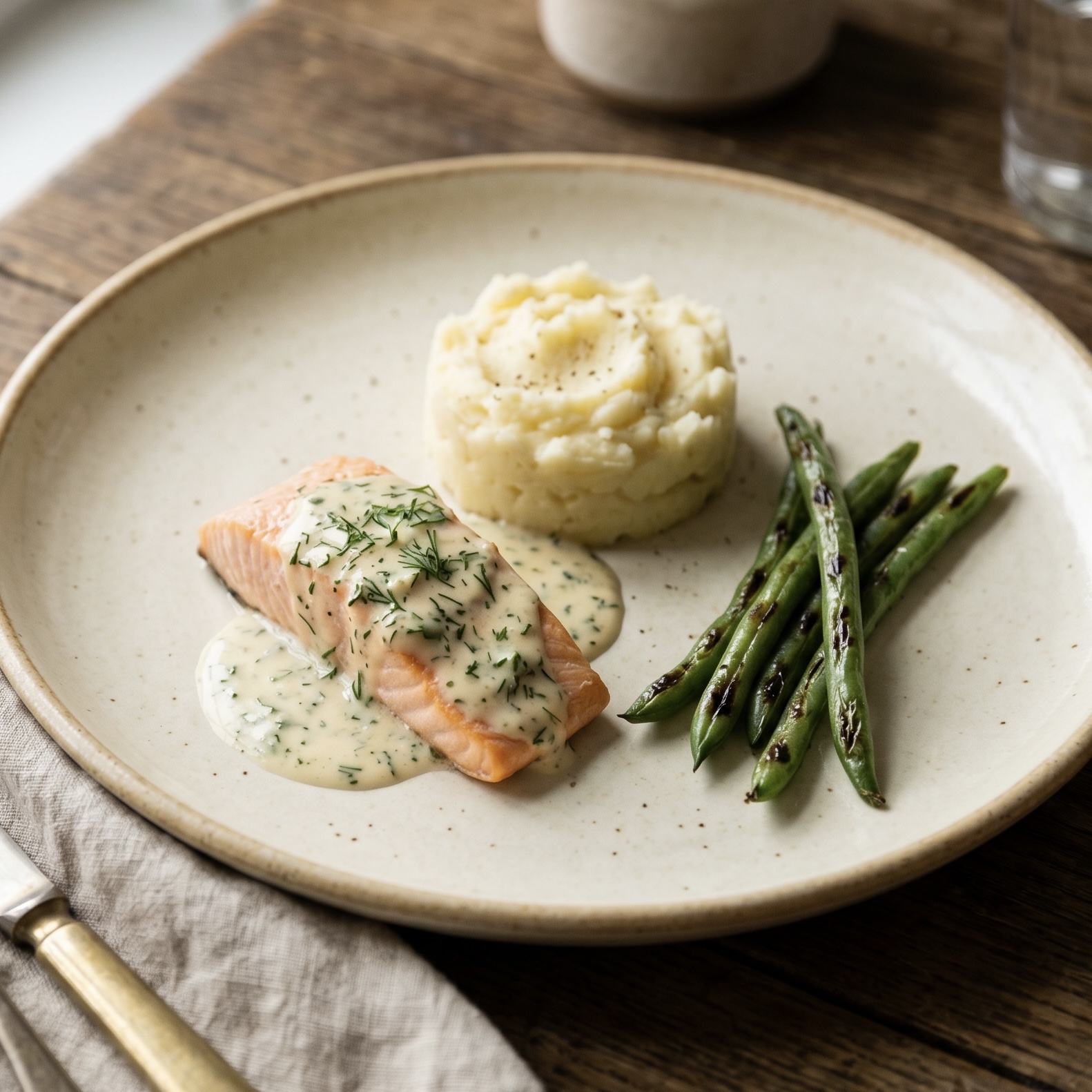 Garlic Herb Cream Salmon, Mashed Potato, Grilled Green Beans