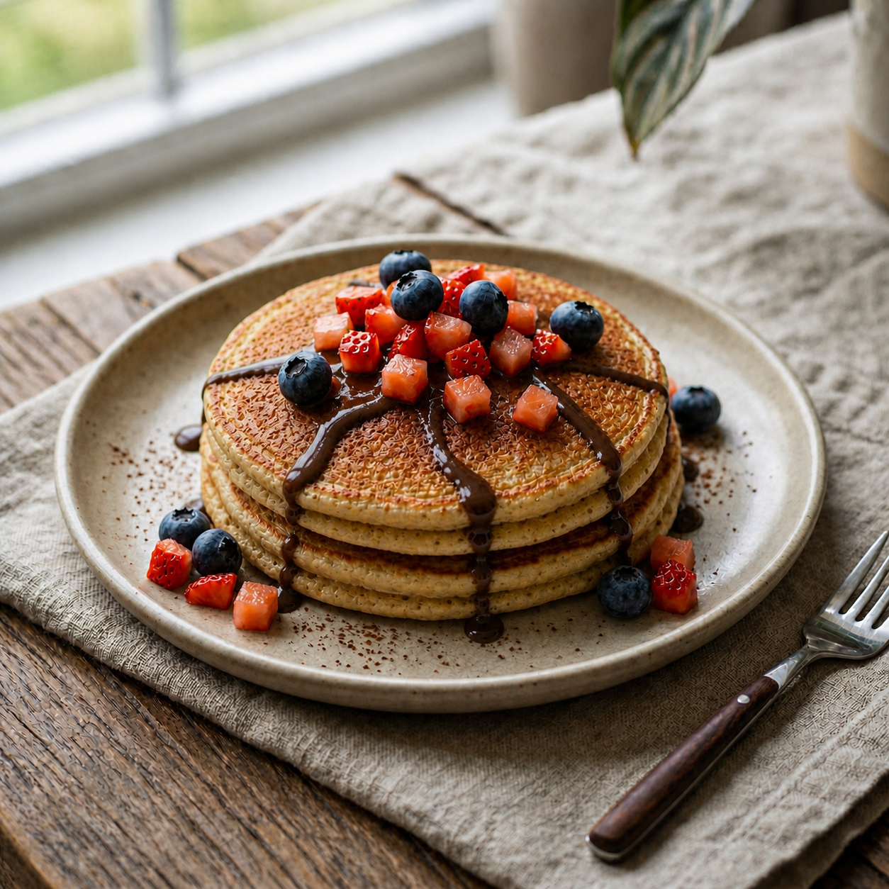 Pumpkin Protein Pancakes with Chocolate Sauce and Mixed Berries