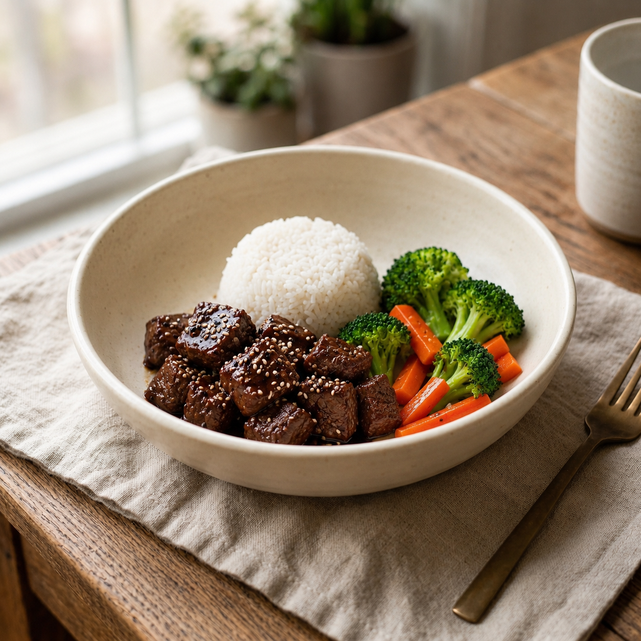 Honey Garlic Beef with Jasmine Rice, Broccoli and Carrots 