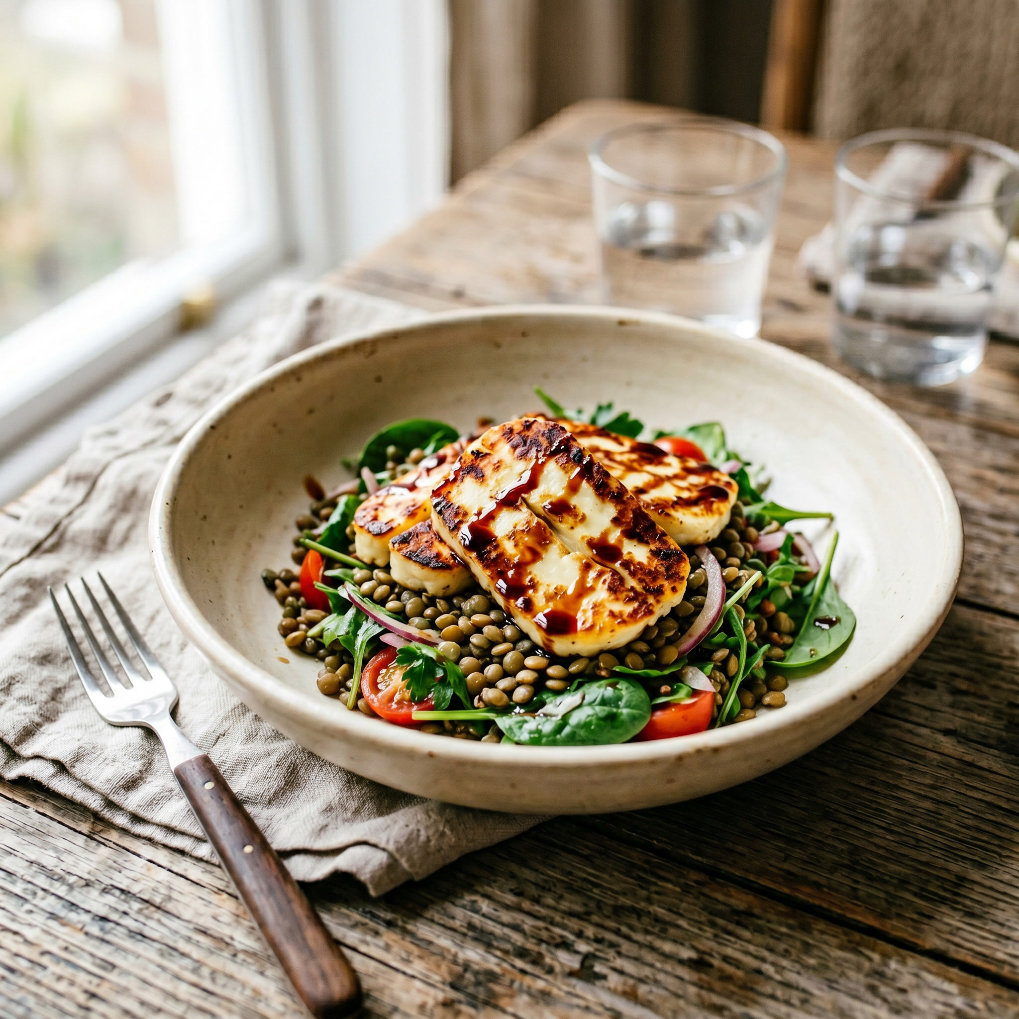 Fried Halloumi Lentil Salad