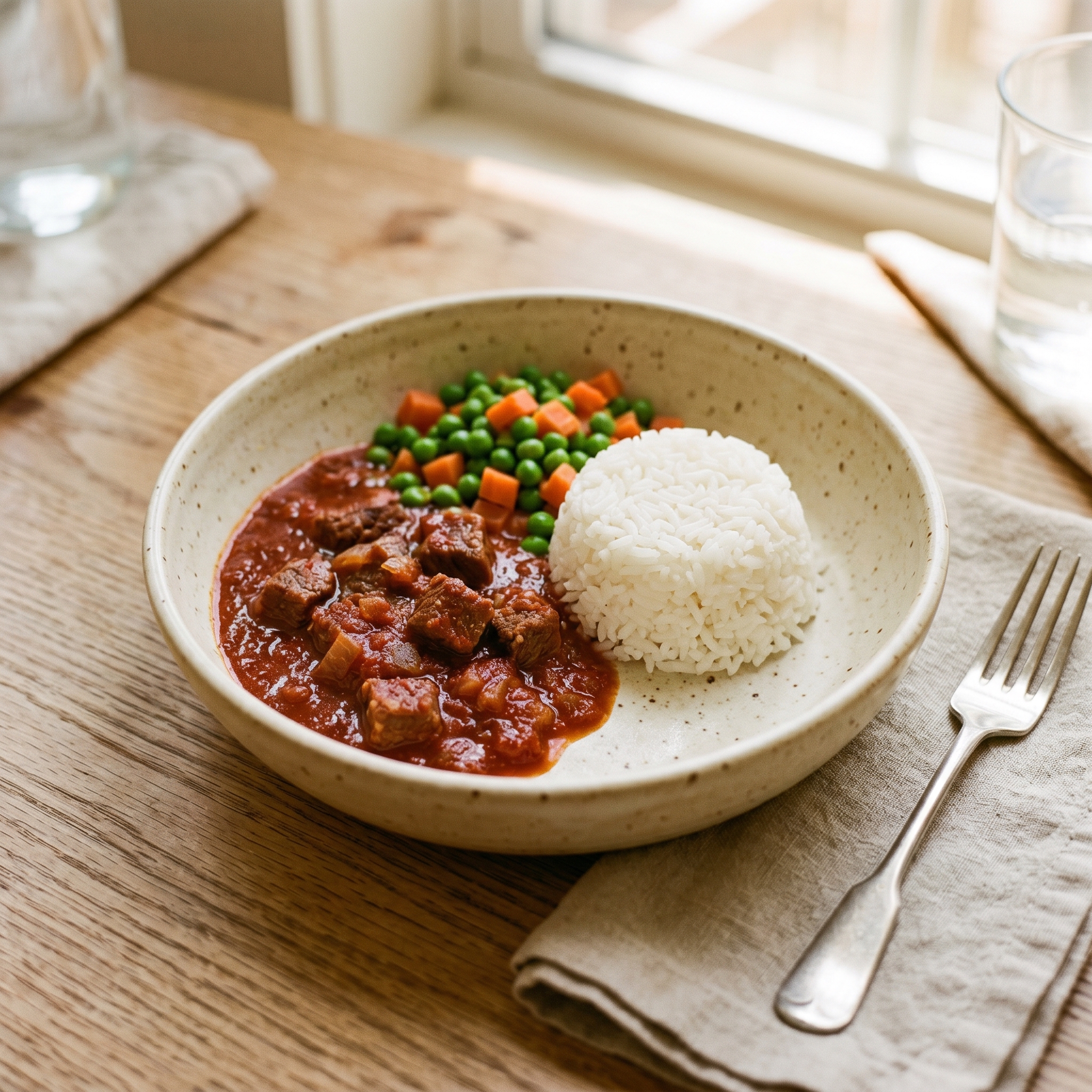 Beef Goulash, Steamed White Rice, Peas and Carrots
