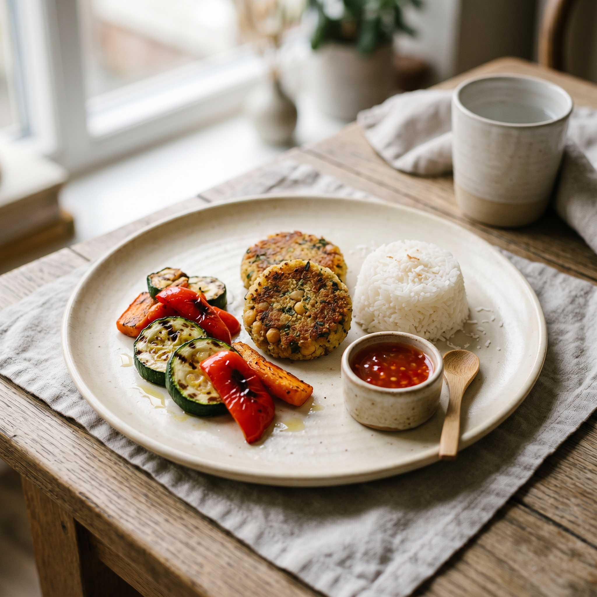 Quinoa Patties with Seitan and Chickpeas with Sweet Chilli Sauce, Coconut White Rice and Grilled Mixed Vegetables