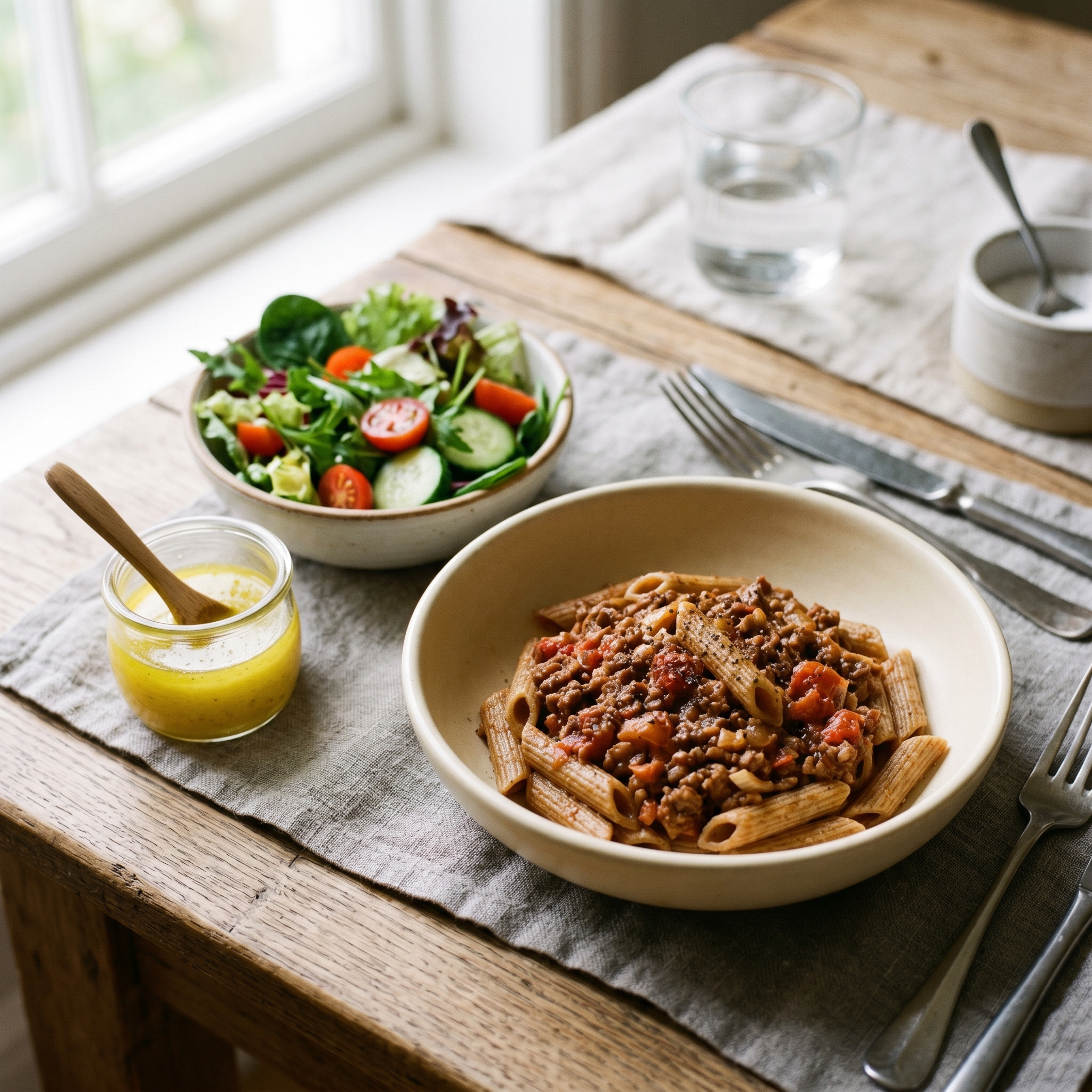 Brown Penne Pasta Bolognese, Garden Salad with Lemon vinaigrette