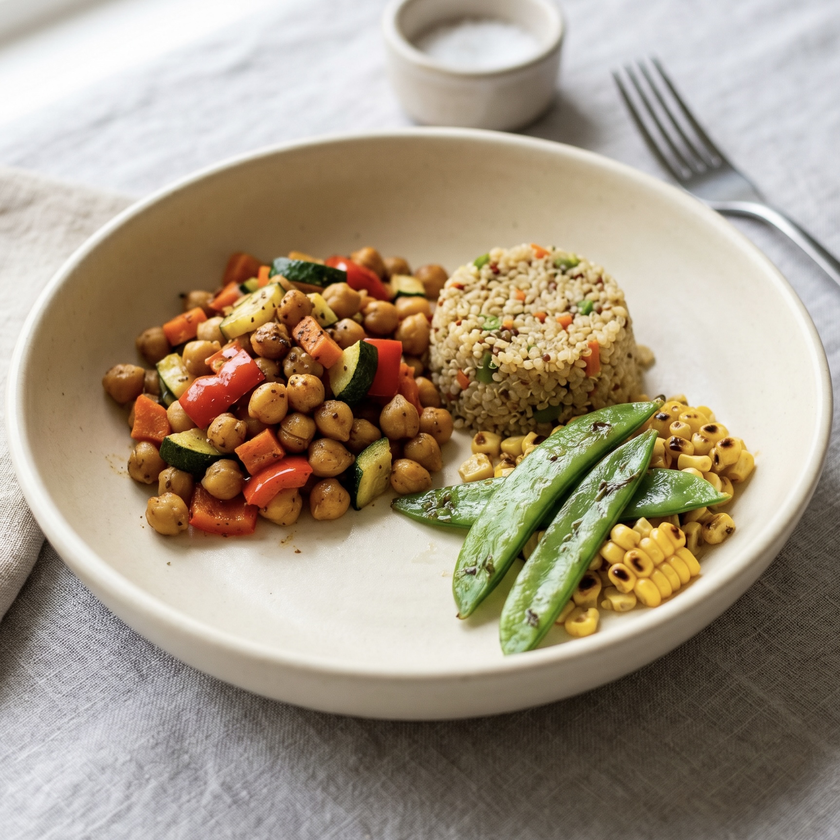 Chickpea and Vegetable Stirfry, Vegetable Quinoa, Grilled Snow Peas and Sweet Corn