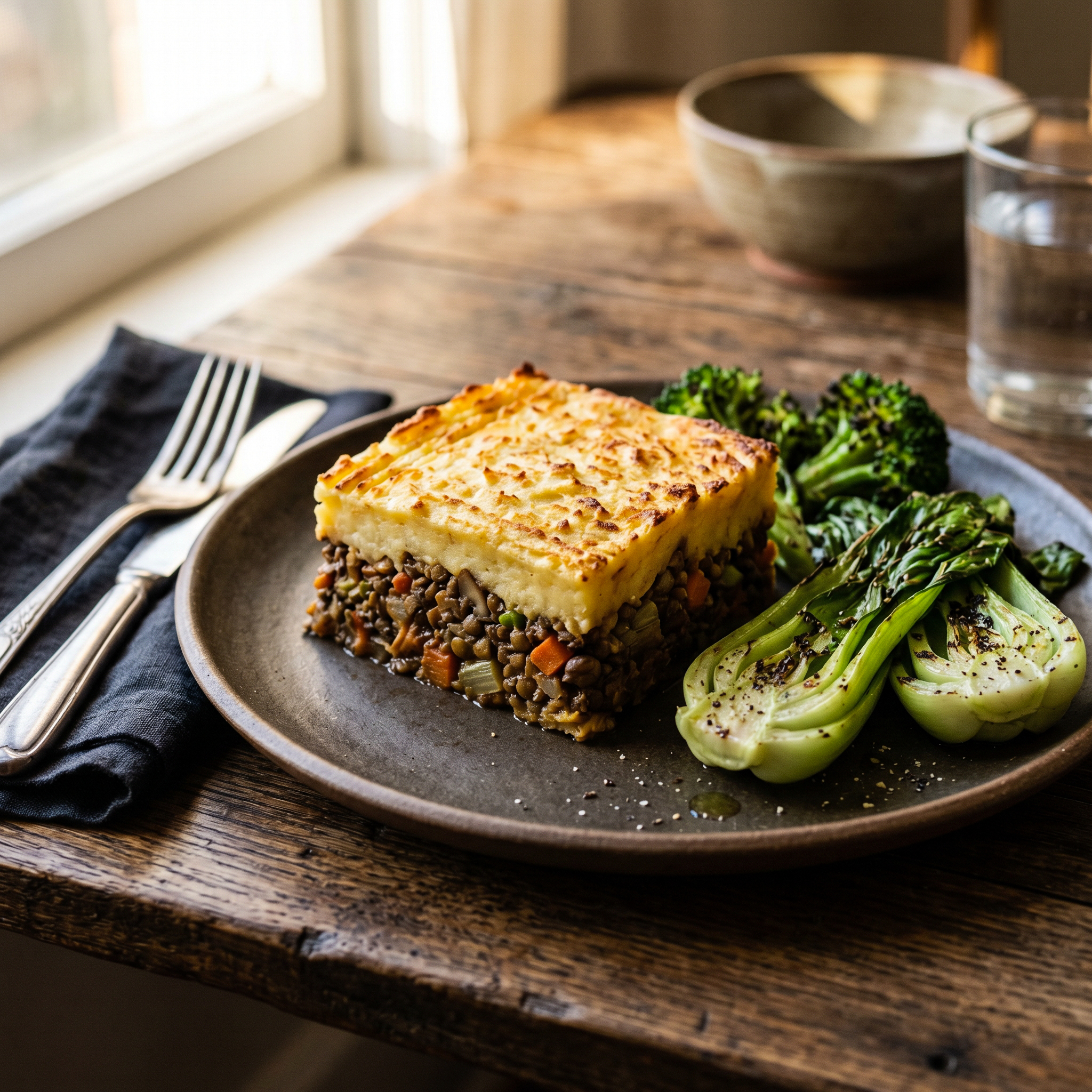 Vegan Shepherds Pie, Grilled Horseradish, Bok Choy and Broccoli