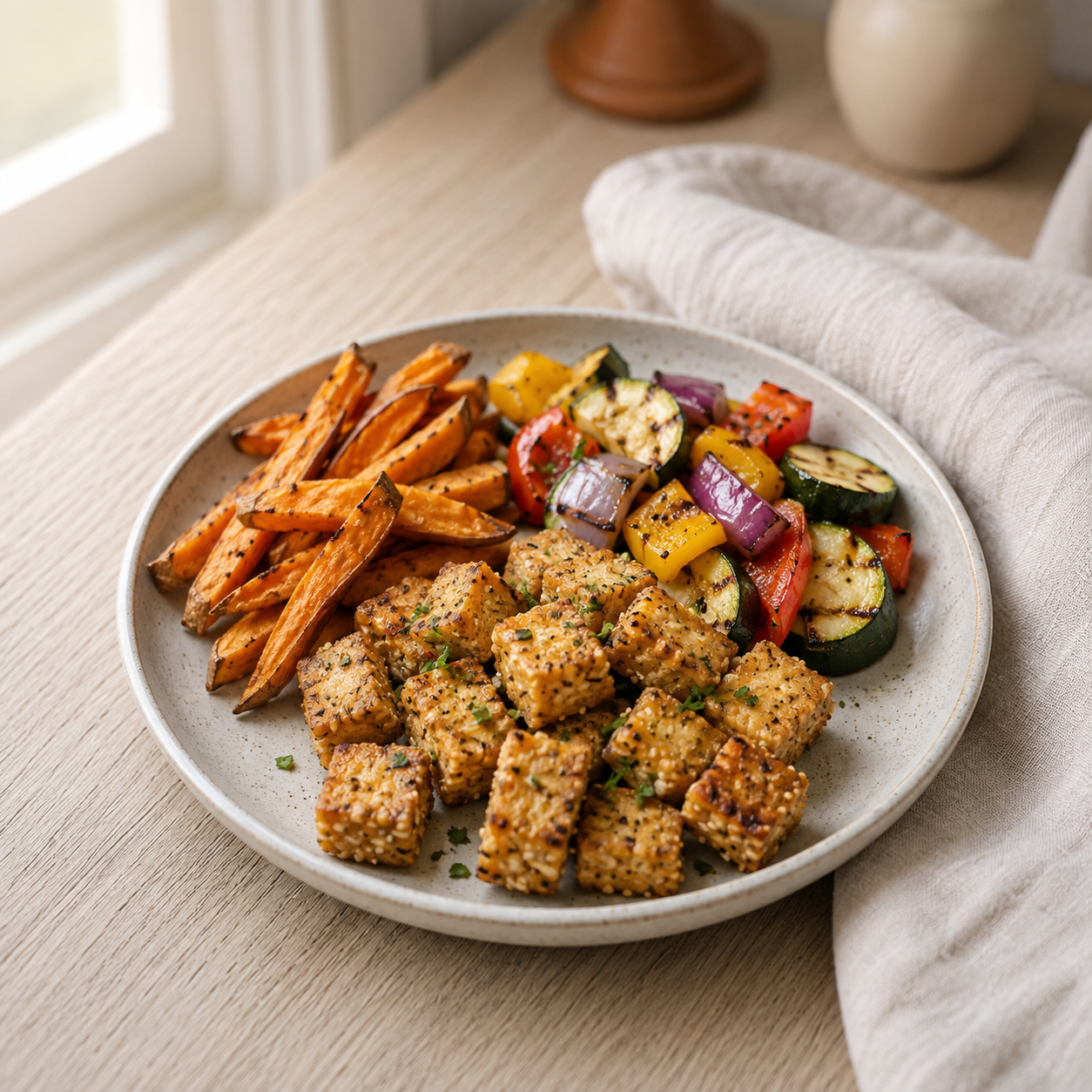 Lemon Pepper Baked Tempeh with Sweet Potato Fries and Grilled Vegetables