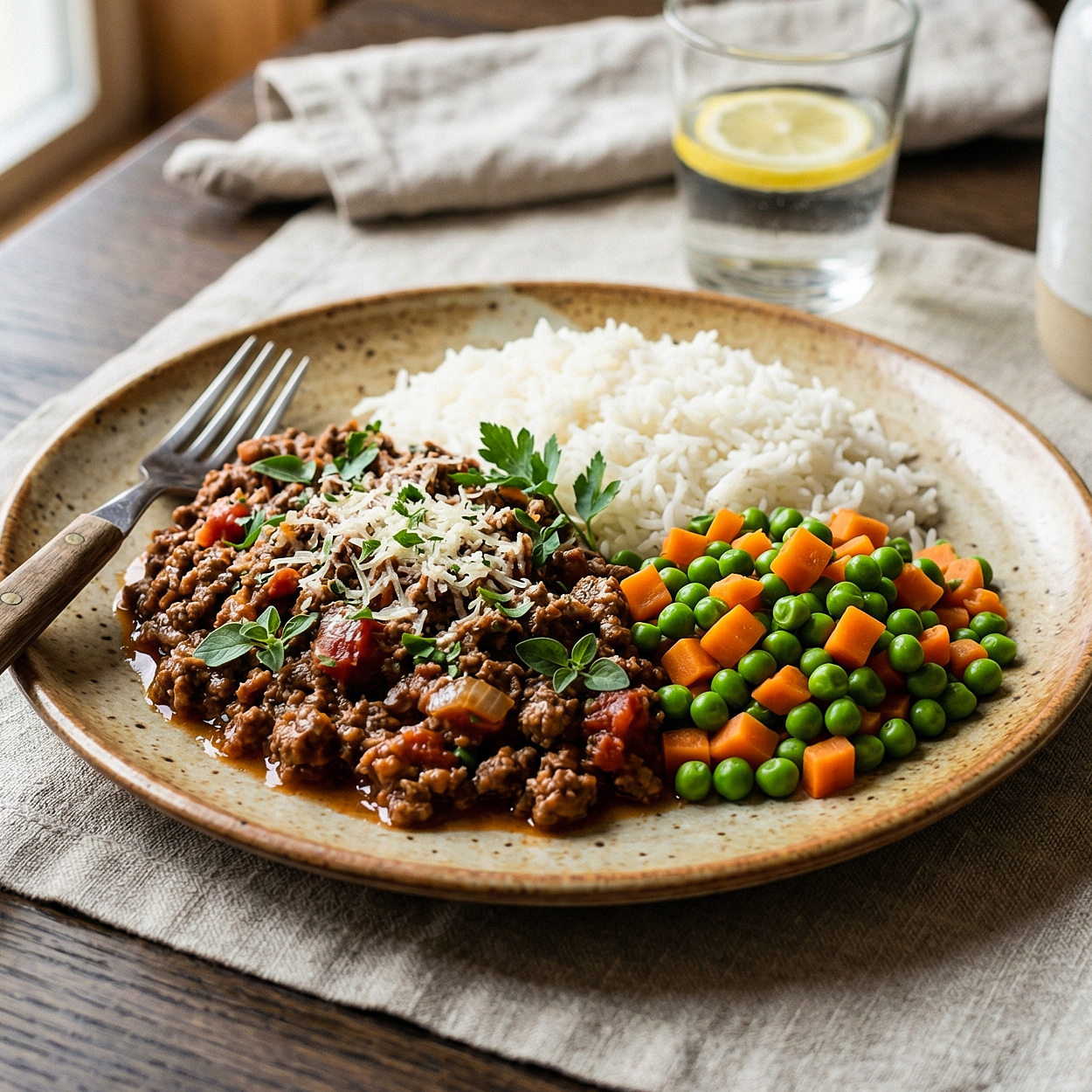 Minced Beef Marinara, Steamed White Rice, Peas and Carrots