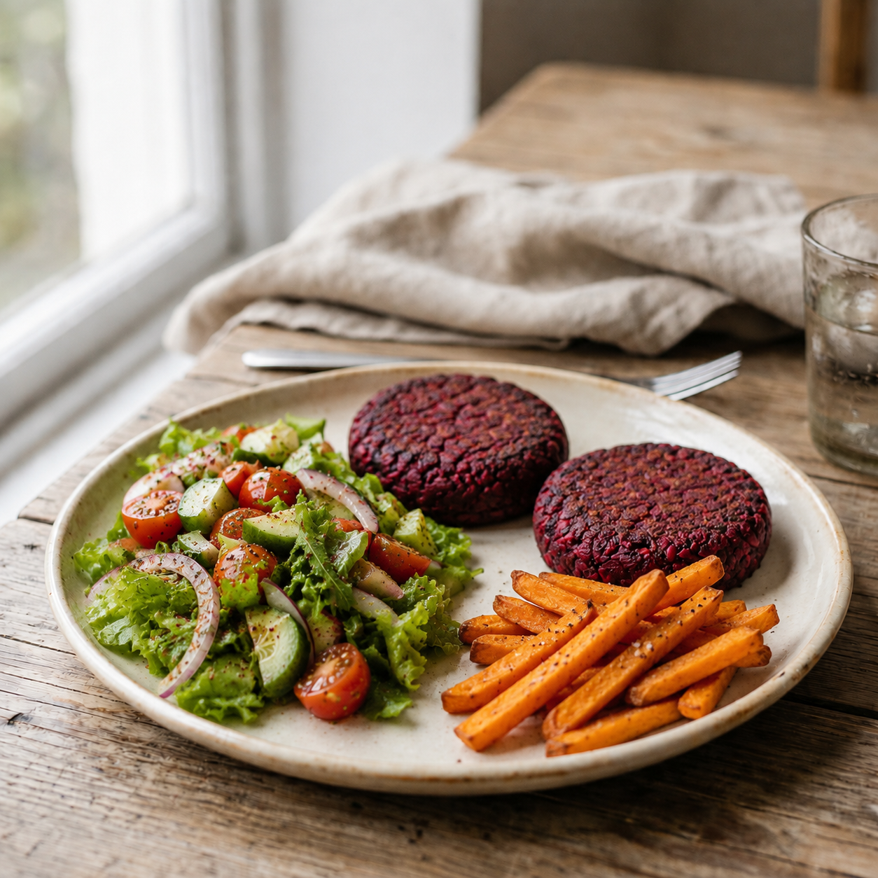 Chicken Burger with Honey Mustard, Sweet Potato Fries and Fattoush Salad with no bread