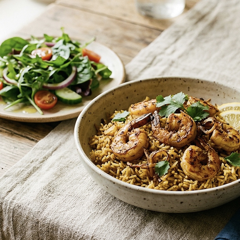 Prawn Machboos with Raita and Green Salad