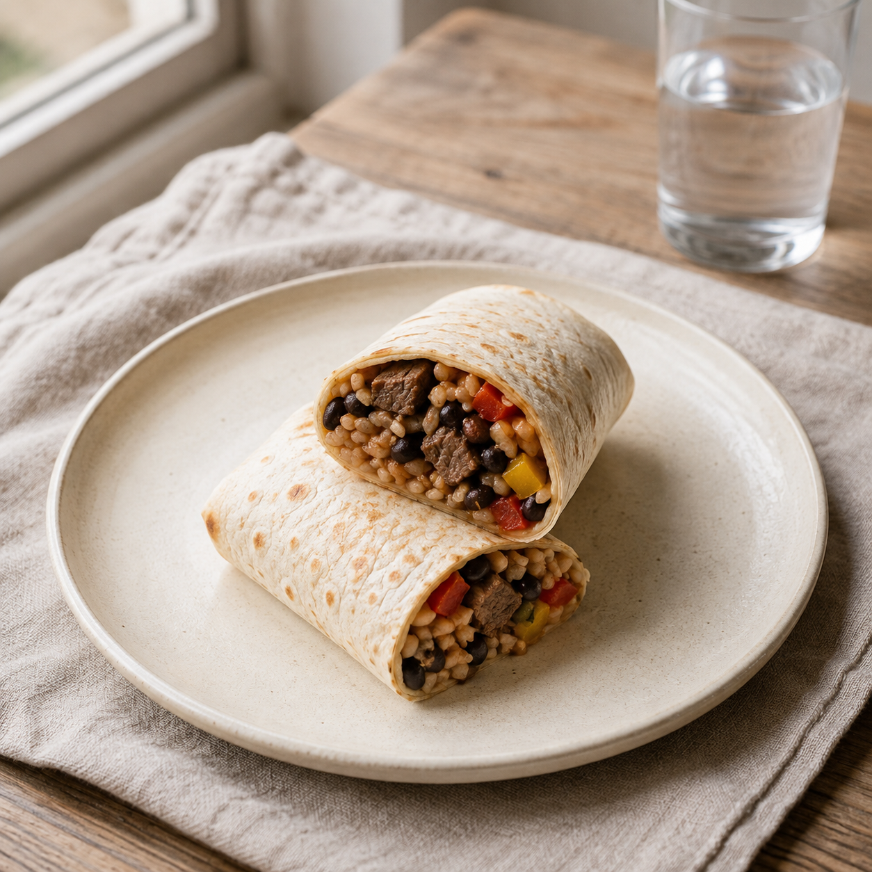 Beef Burrito with Black Bean Mexican Rice and Roast Vegetables