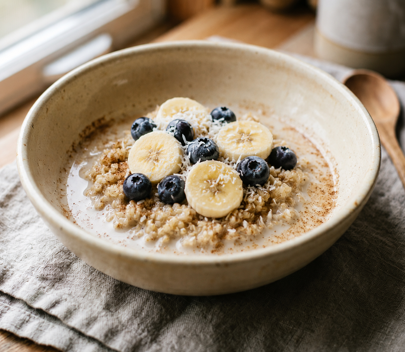 Soaked Cinnamon Quinoa in Almond Milk with Blueberries and Bananas