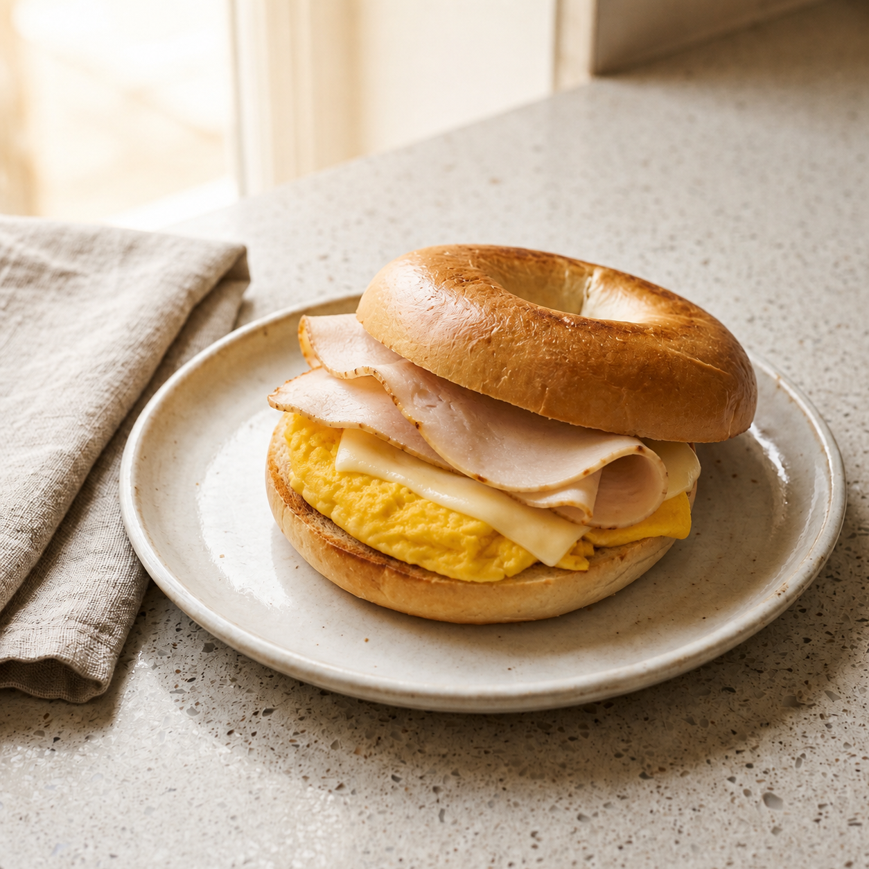 Bagel with Cheese, Egg and Turkey
