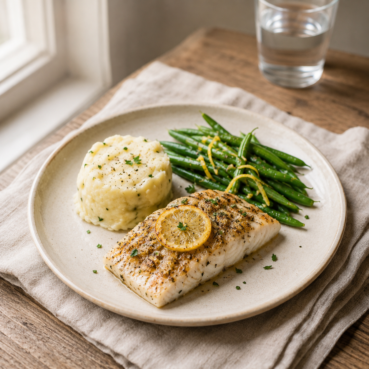 Lemon Pepper Fish Filet with Mashed Potato and Lemon Green Beans