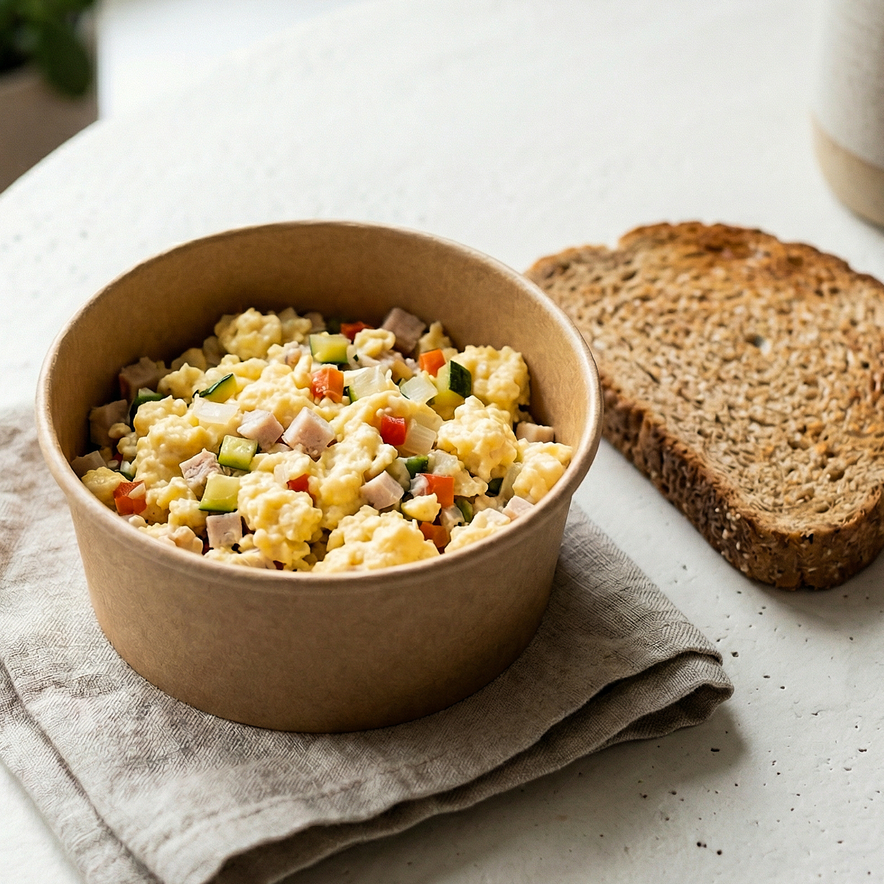 Scrambled Egg with Turkey, Diced Vegetables and Brown Toast
