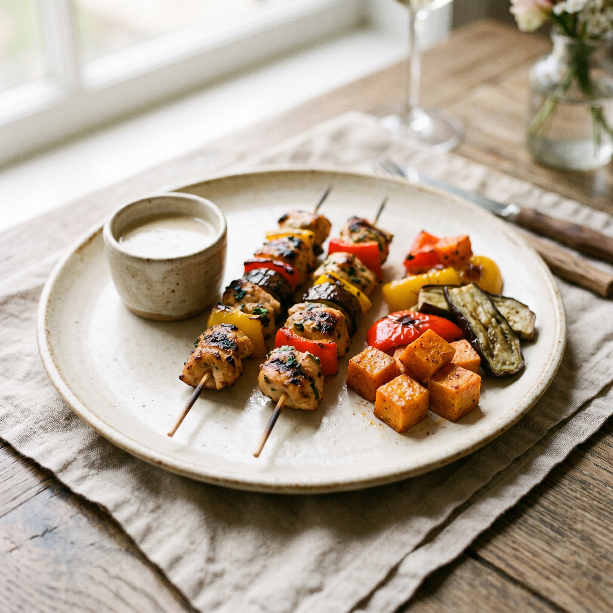 Grilled Chicken Skewers with Tahini Sauce, Cinnamon Sweet Potato Cubes, Grilled Eggplant and Bellpeppers