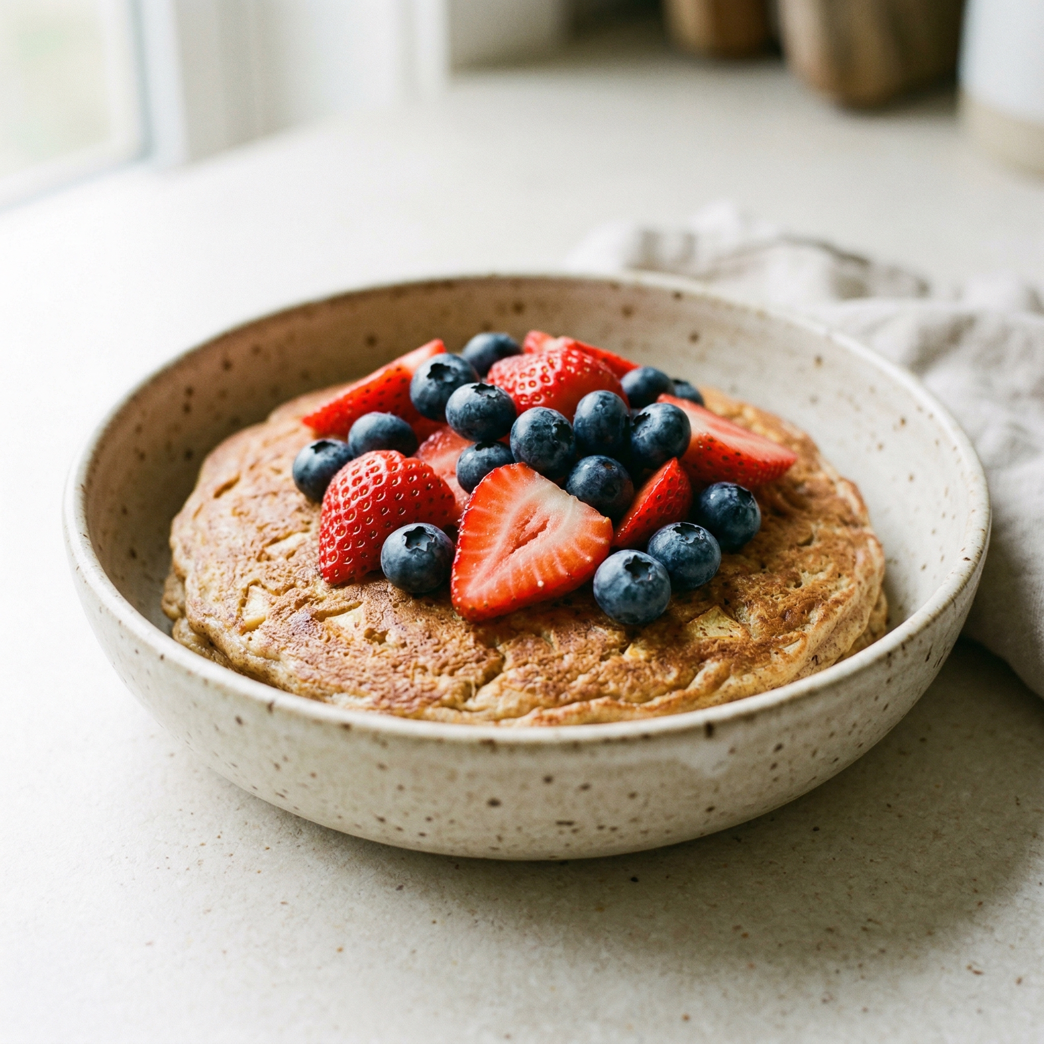 Apple Cinnamon Protein Pancakes with Agave Syrup and Mixed Berries
