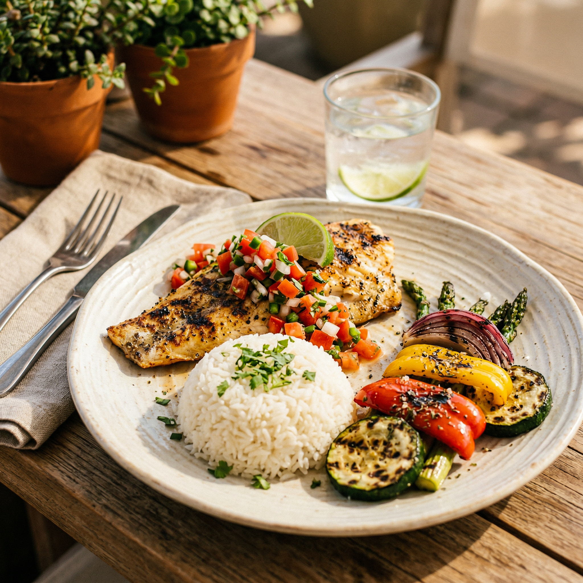 Mexican White Fish with Salsa, Steamed White Rice and Grilled Vegetables