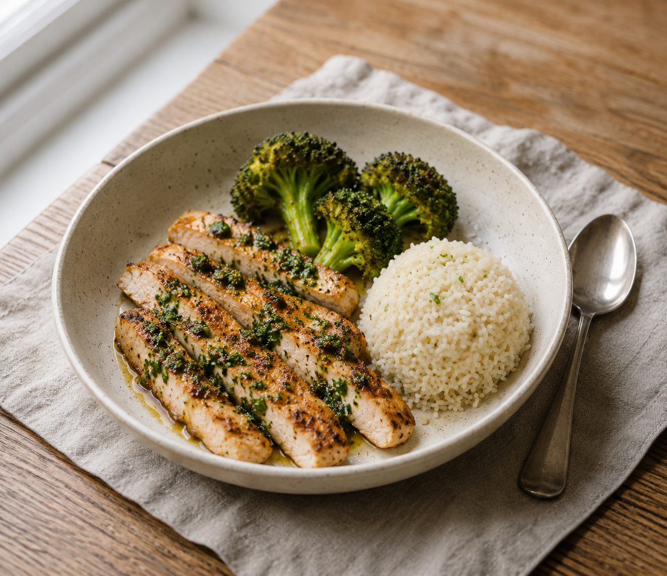Chimichurri Chicken, Steamed White Rice , and Grilled Veggies