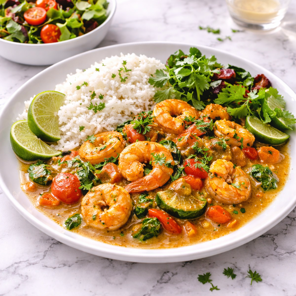 Prawn and Vegetable Curry, Steamed White Rice and Green Salad with vinaigrette