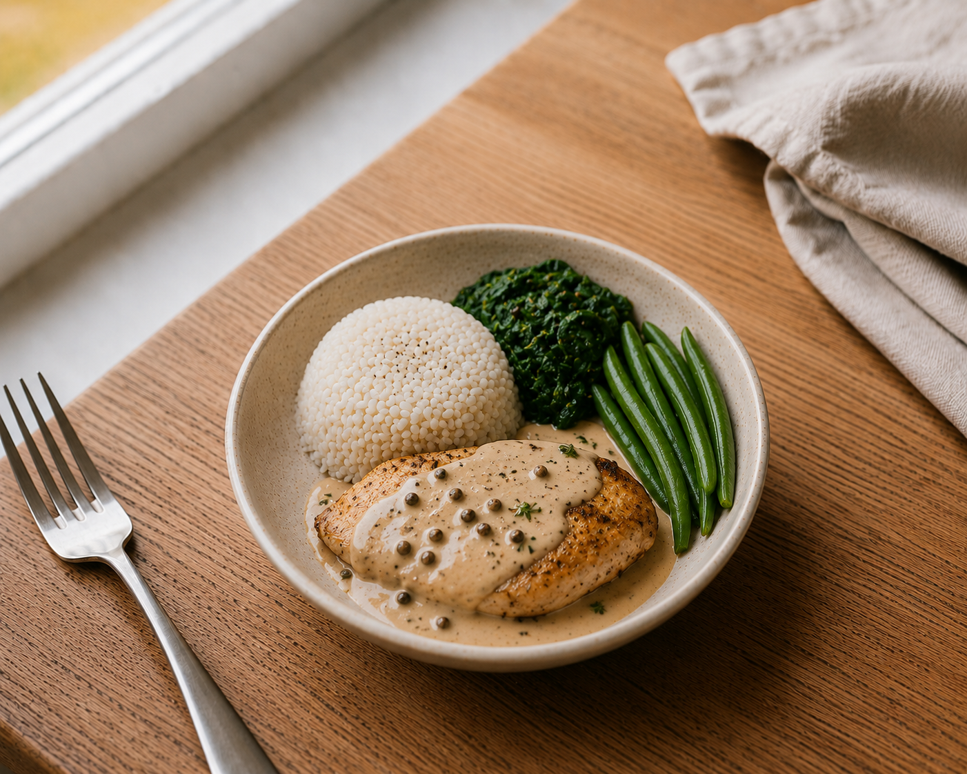 Green Peppercorn Chicken with White Rice, Green Beans and Spinach