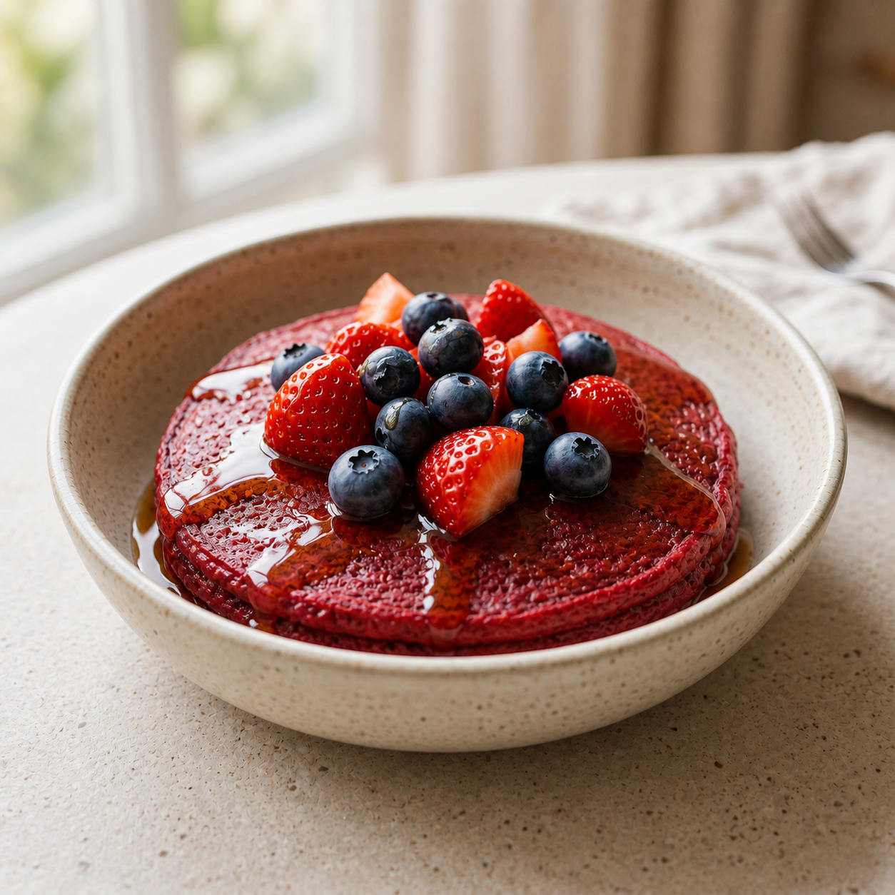 Red Velvet Protein Pancakes with Agave Syrups and Mixed Berries