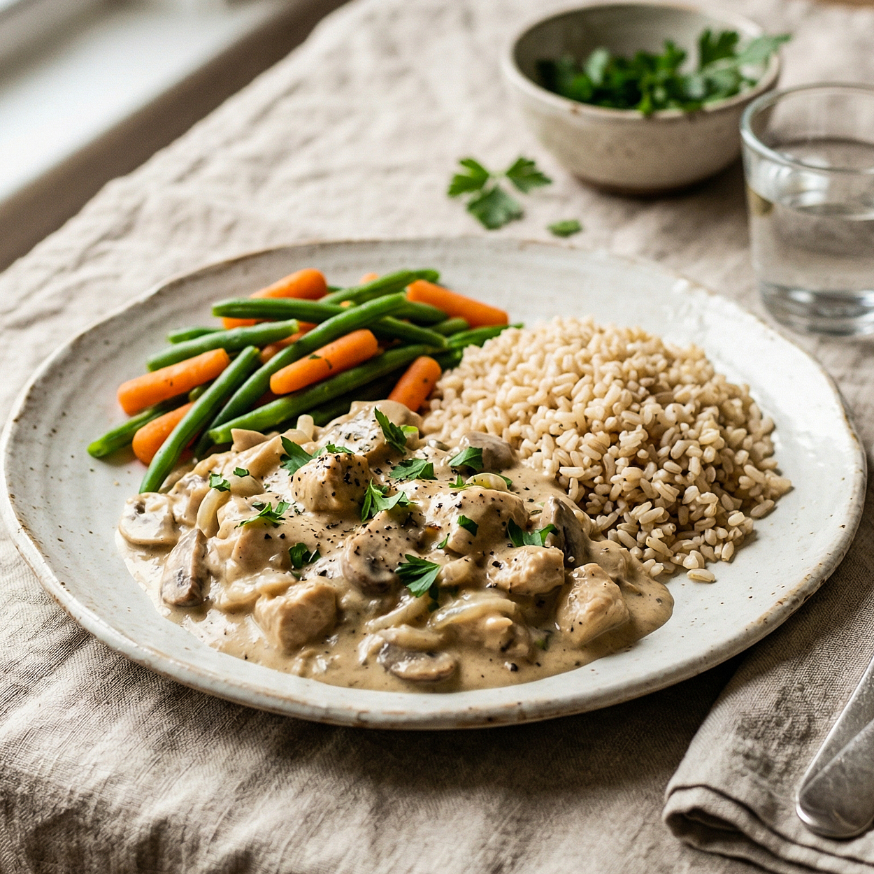 Chicken Coconut Stroganoff, Steamed Brown Rice, Green Beans and Carrots