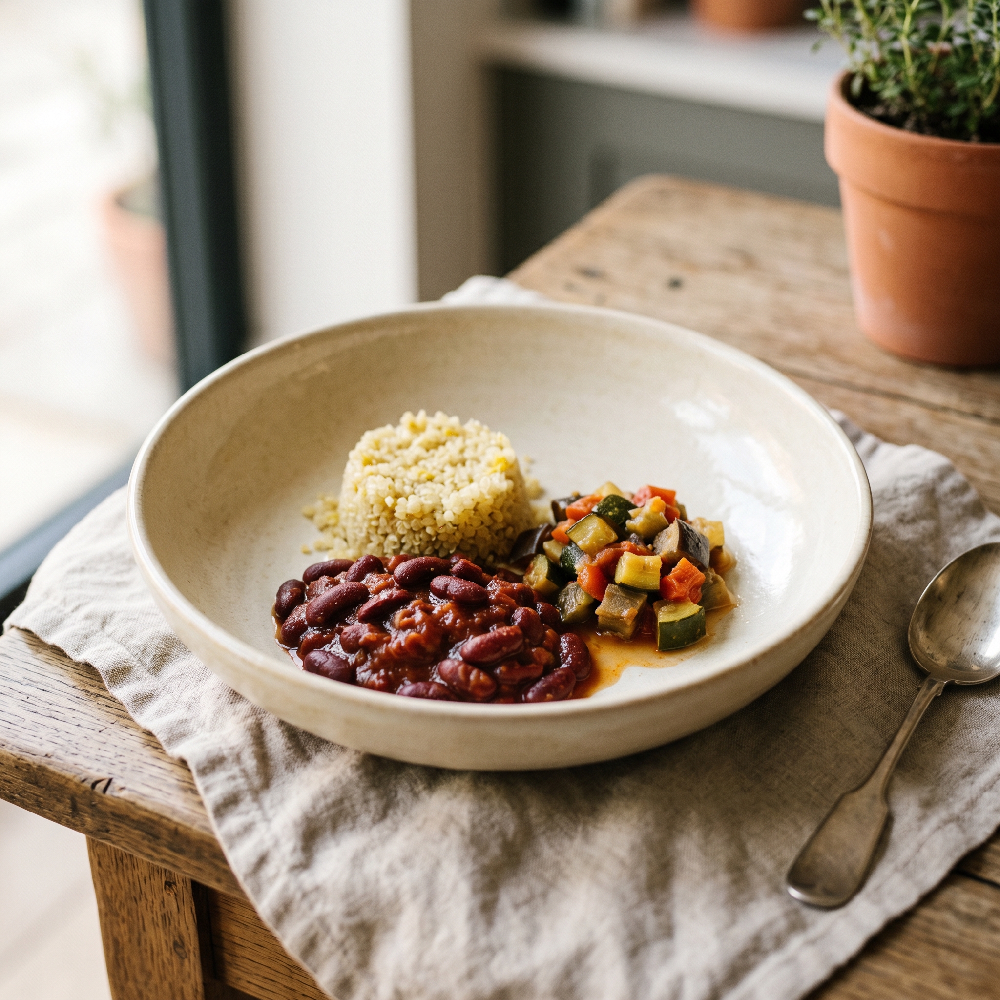 Kidney Bean Stew, Lemon Quinoa and Ratatouille